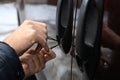 Closeup view of carjacker trying to open car Royalty Free Stock Photo