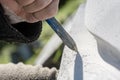 Closeup view of chisel as sculptor works Royalty Free Stock Photo