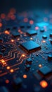 Closeup view circuit board glowing orange blue neon lights. Tech processor central unit. Digital data network signal