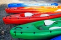 Colorful canoe boats on the beach, closeup view