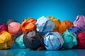 Closeup View of Colorful Crumpled Wrinkled Paper Balls on a Blue Background AI Generative Royalty Free Stock Photo