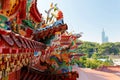 Closeup view of the colorful eaves of a Taiwanese temple decorated with auspicious & sacred animals (dragons) in traditional mosai