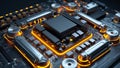 Closeup view of a computer motherboard with intricate circuitry and components highlighting the central processing unit and memory Royalty Free Stock Photo