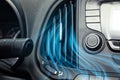 Closeup view of conditioning system in car and illustration of cool air flow