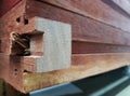 Closeup view of corner of wooden house made of natural logs Royalty Free Stock Photo