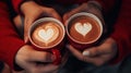 Closeup View of Couple Hands Drinking Valentine\'s Coffee AI Generated