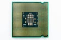 Closeup view of a CPU showcasing intricate details and structure from the bottom perspective Royalty Free Stock Photo