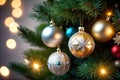 closeup view of decorated christmas spruce tree with hanging spherical toys. AI