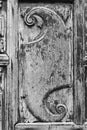 Closeup view of decorative element on old vintage wooden door Royalty Free Stock Photo