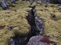 Deep fissure on rocky volcanic lava field covered by green moss near Grindavik, Reykjanes peninsula, Iceland on cloudy winter day. Royalty Free Stock Photo