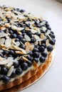 Closeup view of delicious blueberry pie with almond flakes served on silver plate over white table Royalty Free Stock Photo