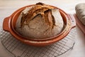 Closeup view of delicious freshly baked sourdough wholewheat bread