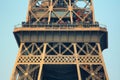 Closeup view of the detailed archecture of the Eifel Tower in Paris, France