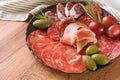 Closeup view of different meat snacks, charcuterie plate with different types of sausages