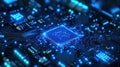 Closeup view of electronic circuit board. Modern tech design. Complex circuit patterns. Bright blue light highlights components.