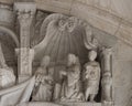 Closeup view Epiphany, Western Portal main entrance of the Santa Maria Church in Lisbon, Portugal.