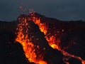 Closeup view of erupting volcano in Geldingadalir valley near Fagradalsfjall mountain, GrindavÃÂ­k, Reykjanes peninsula, Iceland. Royalty Free Stock Photo