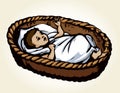 Little baby in a basket. Vector drawing