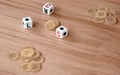 Closeup view of an extraordinary dices and money chips, some rare, little known game, gamble being played