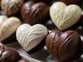 A closeup view of fancy white and dark chocolate hearts in a decorative display