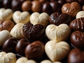 A closeup view of fancy white and dark chocolate hearts in a decorative display