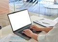 Closeup view of female businesswoman typing on laptop computer keyboard. Royalty Free Stock Photo