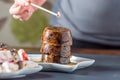 Closeup View Female Hands Lighting Up Christmas Pudding