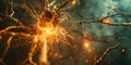 Closeup view of firing synapses in brain network with neuron connections. Concept Neuroscience,