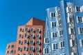 Closeup view of Frank Gehry`s famous modern buildings at Neuer Zollhof in Dusseldorf.