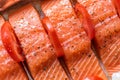 Closeup view fresh raw salmon fillets with herbs and spices on baking tray ready to be cooked in oven Royalty Free Stock Photo