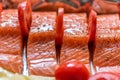 Closeup view fresh raw salmon fillets with herbs and spices on baking tray ready to be cooked in oven Royalty Free Stock Photo