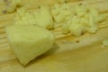 Closeup view of ginger in cutting board background