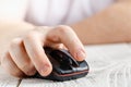 Closeup view of hand holding wireless mouse Royalty Free Stock Photo