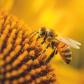 Closeup view of honey bee pollinating sunflower Royalty Free Stock Photo