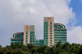 Closeup view of The Housing & Development Board HDB Hub, located in Toa Payoh town centre near MRT, against cloudy blue sky