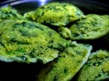 Closeup view of Indian food known as idli made up of Fenugreek leaf. It is also known as Fenugreek leaf idli or Methi ka Patta ka
