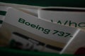 Closeup view of an information guide about the Boeing 737 on an airplane