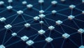 Closeup view of interconnected blockchain nodes. Nodes form global network with peer-to-peer connections decentralized data