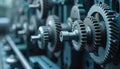 Closeup view of interlocking metal gears. Precision engineering components of complex machine. Interconnected mechanisms of