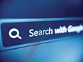 Closeup view of an internet web browser search box displayed on a pixelated screen in blue Royalty Free Stock Photo