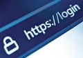 Closeup view of an internet web browser with secure URL displayed on a pixelated screen in blue