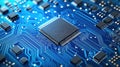 Closeup view of intricate circuit board. Modern tech components arranged with fine lines. Advanced tech future design concept.
