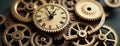 Closeup view of intricate clock mechanism. Interconnected gears, clock face visible. Details of metal parts, cogs create complex