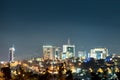 A closeup view of Kigali city skyline lit up at night, under a d Royalty Free Stock Photo