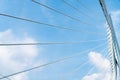 Closeup view of leading converging lines of cable stays on bridge