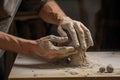 Closeup male potter hands kneading clay on table. Generative AI Royalty Free Stock Photo