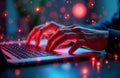 Closeup view of male programmer typing on laptop. Working on project at home office desk. Laptop lit by colorful lights. Image