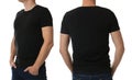 Closeup view of man in black t-shirt on white background, collage. Space for design Royalty Free Stock Photo