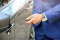 Man opening car door with remote key Royalty Free Stock Photo