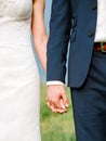 Closeup view of married couple holding hands. Summer wedding concept. Outdoor wedding ceremony. Royalty Free Stock Photo